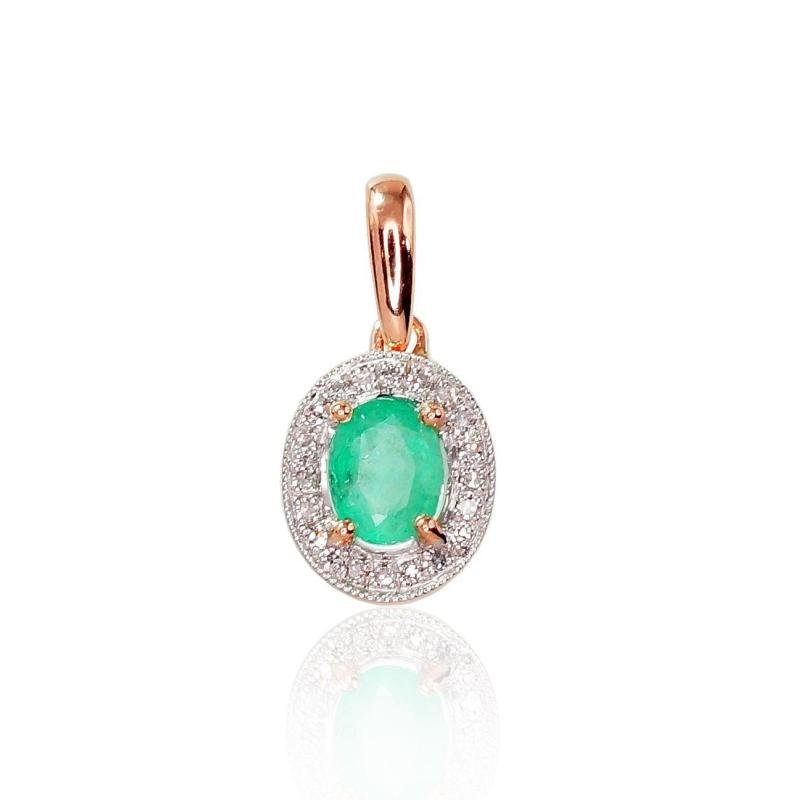 Gold pendant, Red Gold 585°, Rhodium (Plating), Diamonds, Emerald