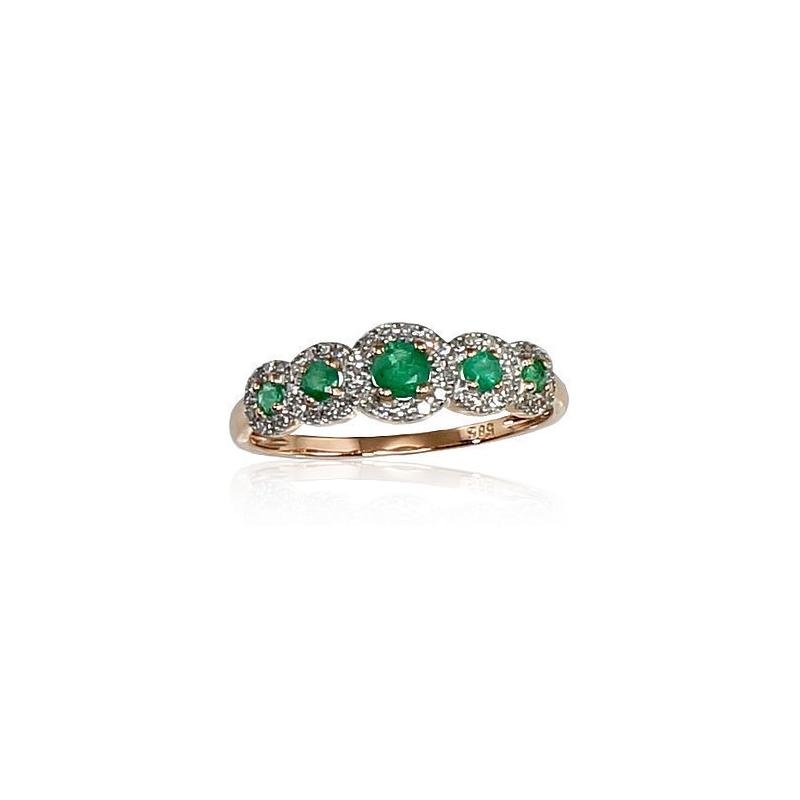 Gold ring, Red Gold 585°, Rhodium (Plating), Diamonds, Emerald
