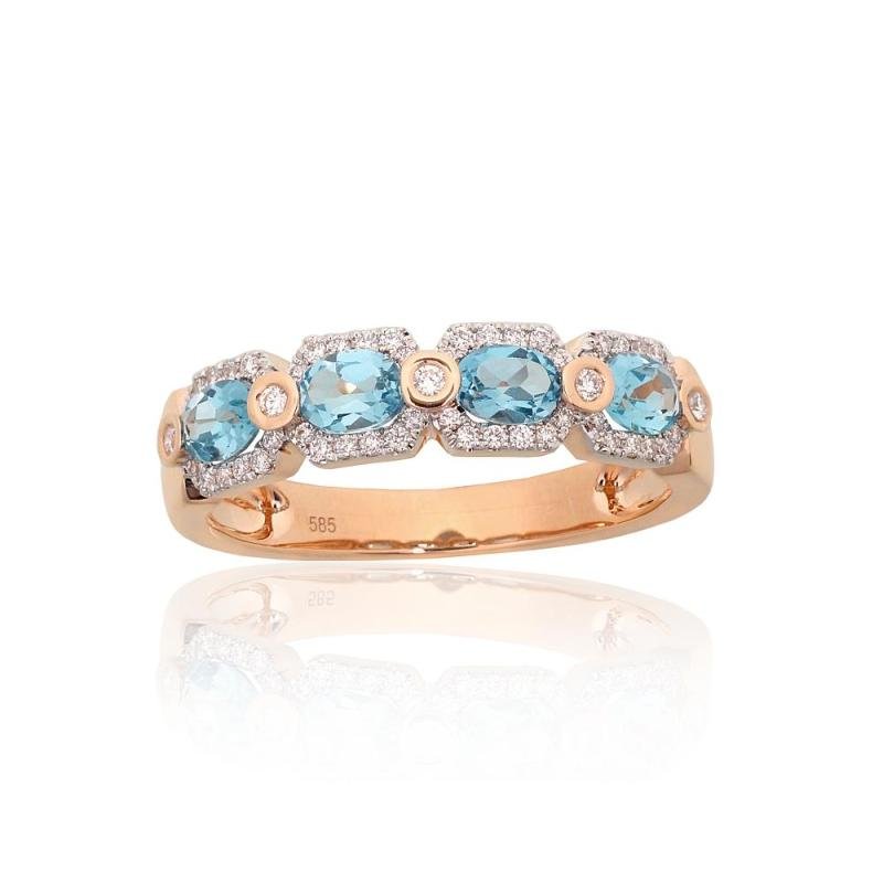 Gold ring, Red Gold 585°, Rhodium (Plating), Diamonds, Blue Topaz