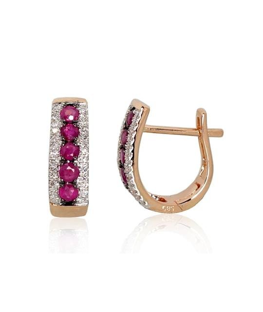 Gold earrings with 'english' lock, Red Gold 585°, Rhodium (Plating), Diamonds, Ruby