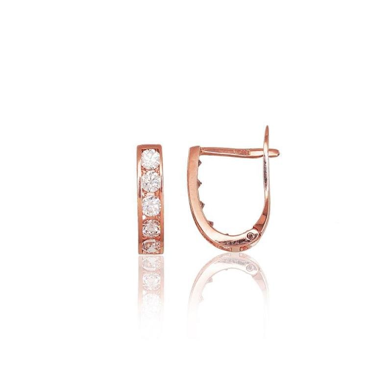 Gold earrings with 'english' lock, Red Gold 585°, Zirkons