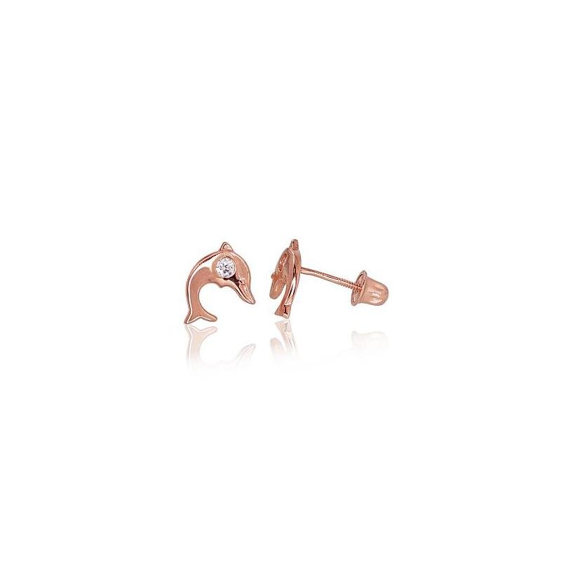 Gold screw studs earrings, Red Gold 585°, Zirkons
