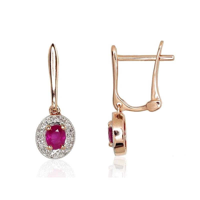 Gold earrings with 'english' lock, Red Gold 585°, Rhodium (Plating), Diamonds, Ruby