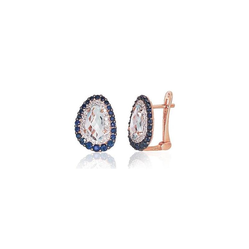 Gold earrings with 'english' lock, Red Gold 585°, Rhodium (Plating), Diamonds, Sapphire, Sky Blue Topaz
