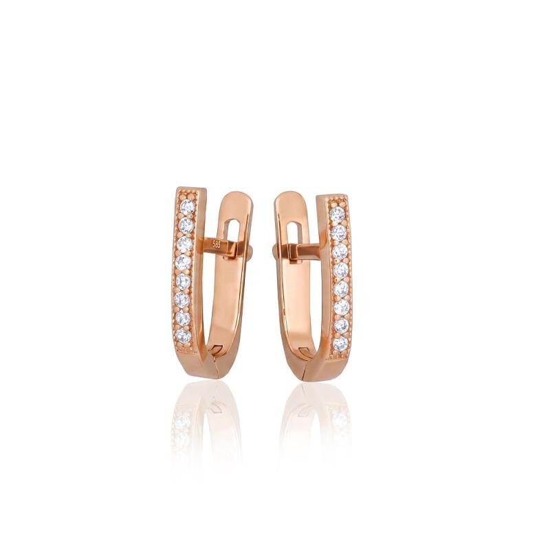Gold earrings with 'english' lock, Red Gold 585°, Zirkons