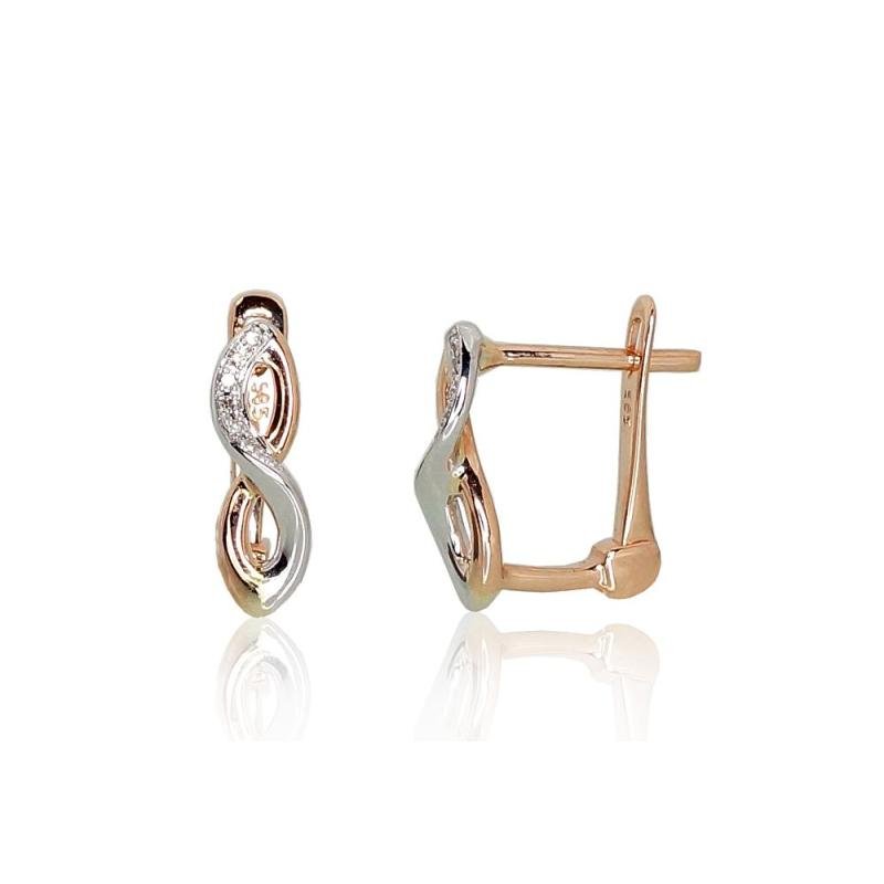 Gold earrings with 'english' lock, White/Red Gold 585°, Diamonds
