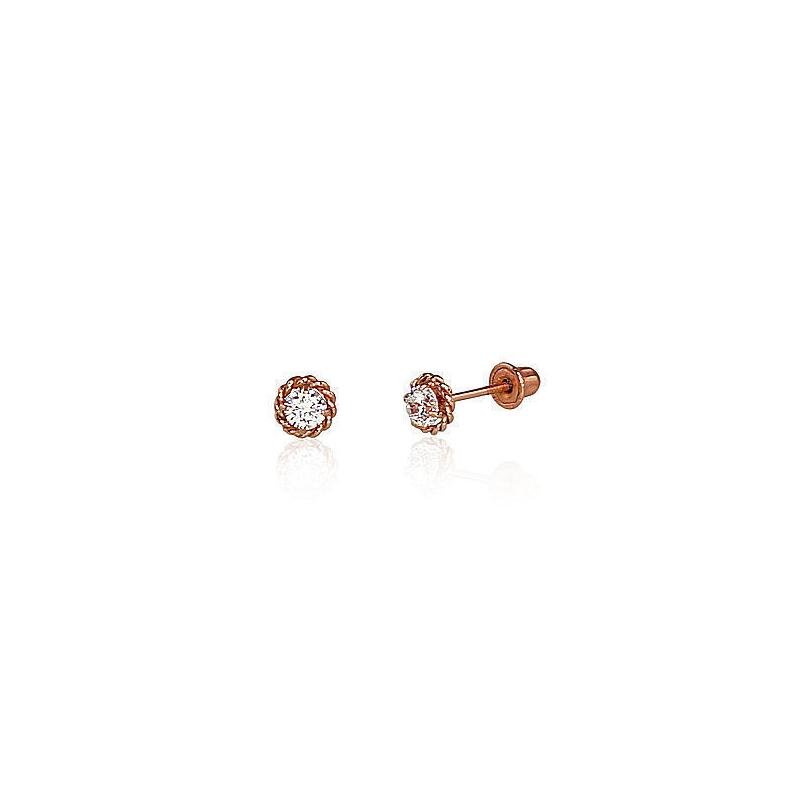 Gold screw studs earrings, Red Gold 585°, Zirkons