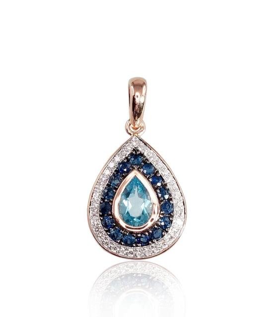 Gold pendant, Red Gold 585°, Rhodium (Plating), Diamonds, Sapphire, Blue Topaz