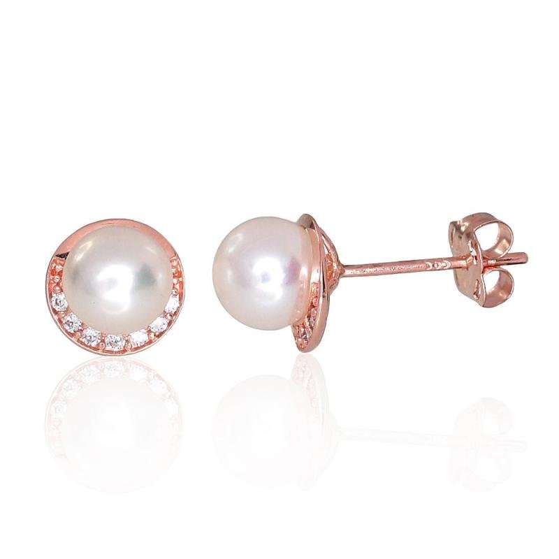 Gold classic studs earrings, Red Gold 585°, Zirkons, Fresh-water Pearl