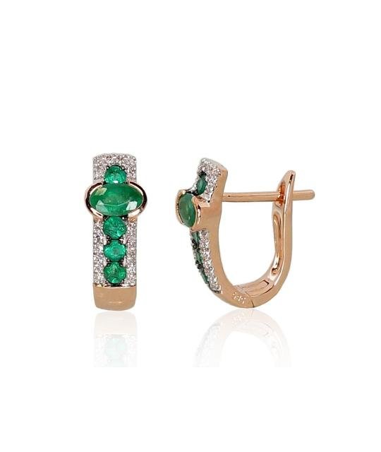 Gold earrings with 'english' lock, Red Gold 585°, Rhodium (Plating), Diamonds, Emerald