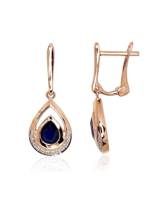 Gold earrings with 'english' lock, Red Gold 585°, Rhodium (Plating), Diamonds, Sapphire