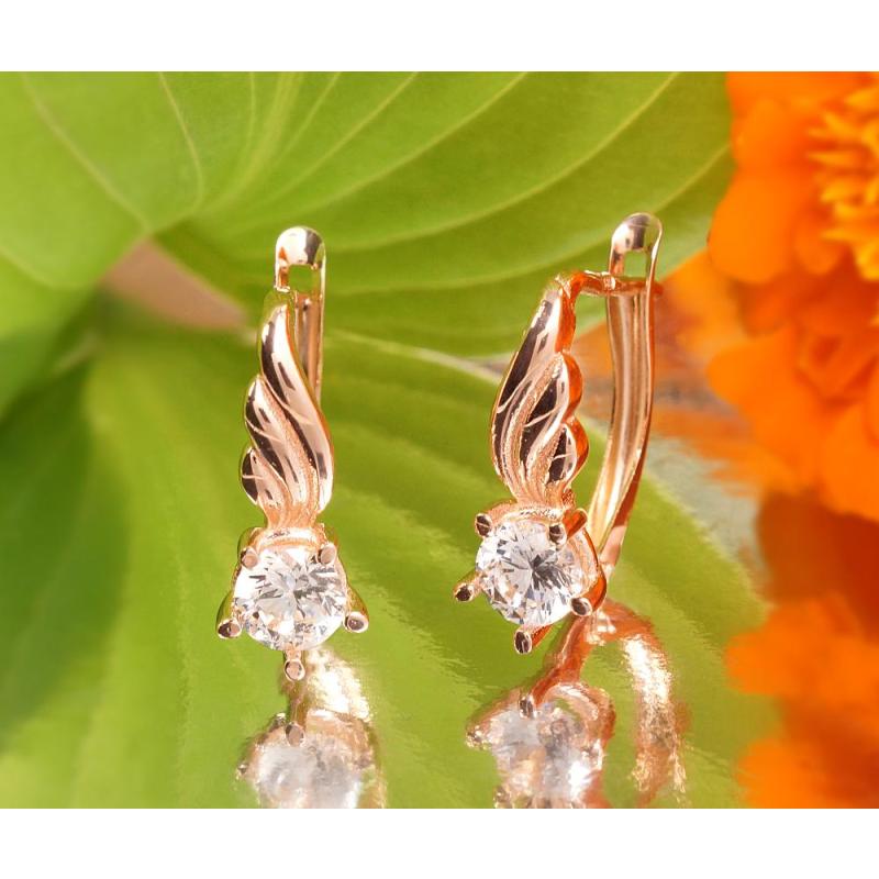 Gold earrings with 'english' lock, Red Gold 585°, Zirkons