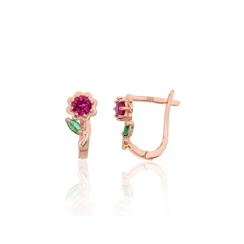 Gold earrings with 'english' lock, Red Gold 585°, Zirkons
