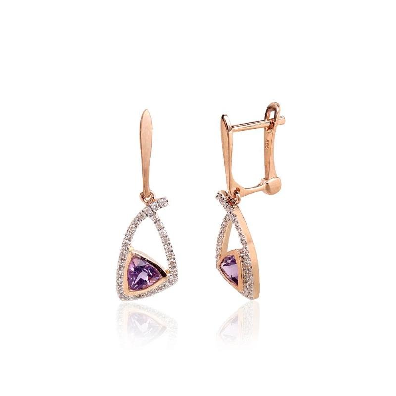 Gold earrings with 'english' lock, Red Gold 585°, Rhodium (Plating), Diamonds, Amethyst
