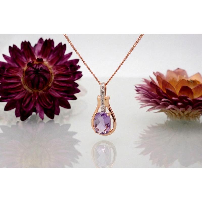 Gold pendant, Red Gold 585°, Rhodium (Plating), Diamonds, Amethyst