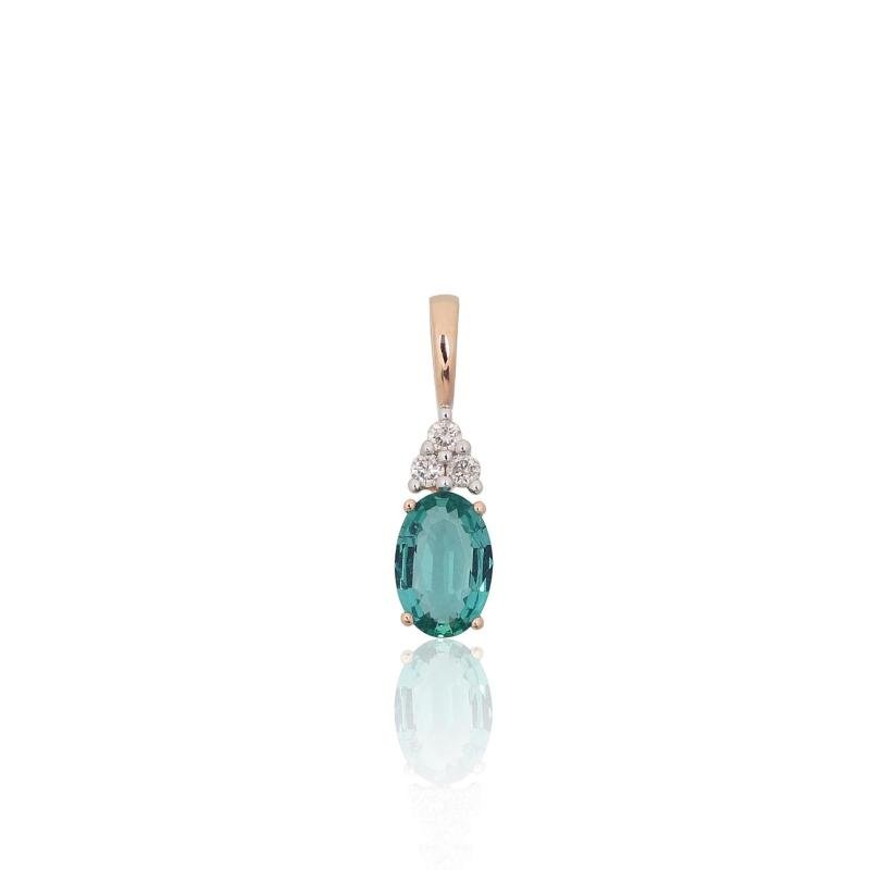 Gold pendant, Red Gold 585°, Rhodium (Plating), Diamonds, Emerald