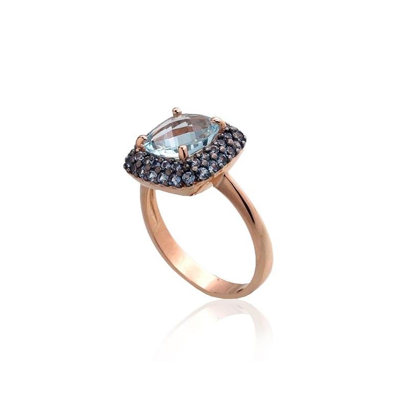 Gold ring, Red Gold 585°, Rhodium (Plating), Zirkons, Sky Blue Topaz