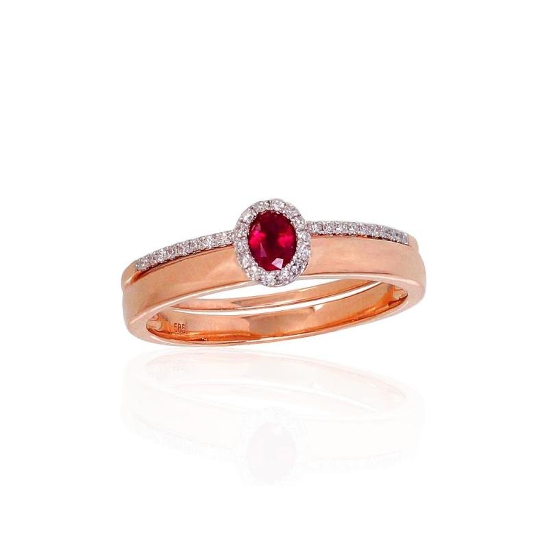 Gold ring, Red Gold 585°, Rhodium (Plating), Diamonds, Ruby