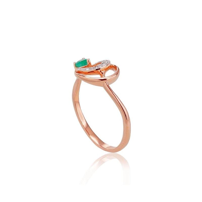 Gold ring, Red Gold 585°, Rhodium (Plating), Diamonds, Emerald