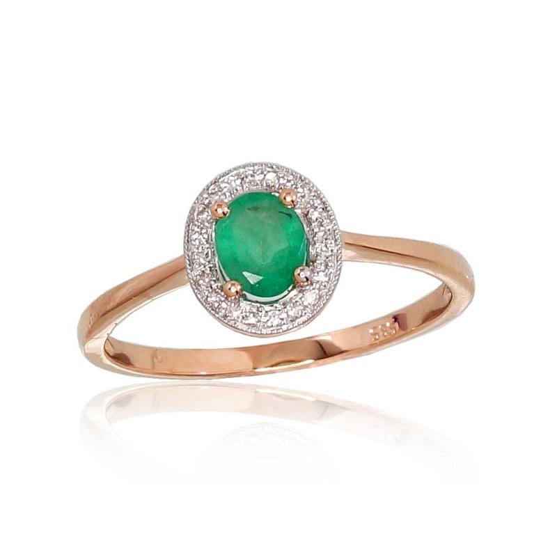 Gold ring, Red Gold 585°, Rhodium (Plating), Diamonds, Emerald
