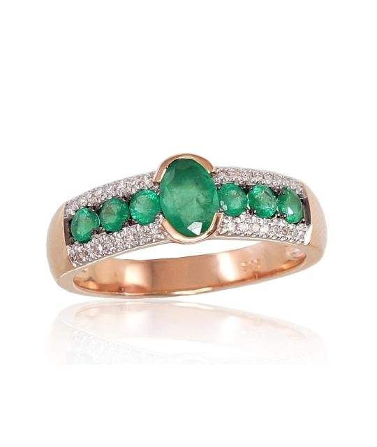 Gold ring, Red Gold 585°, Rhodium (Plating), Diamonds, Emerald