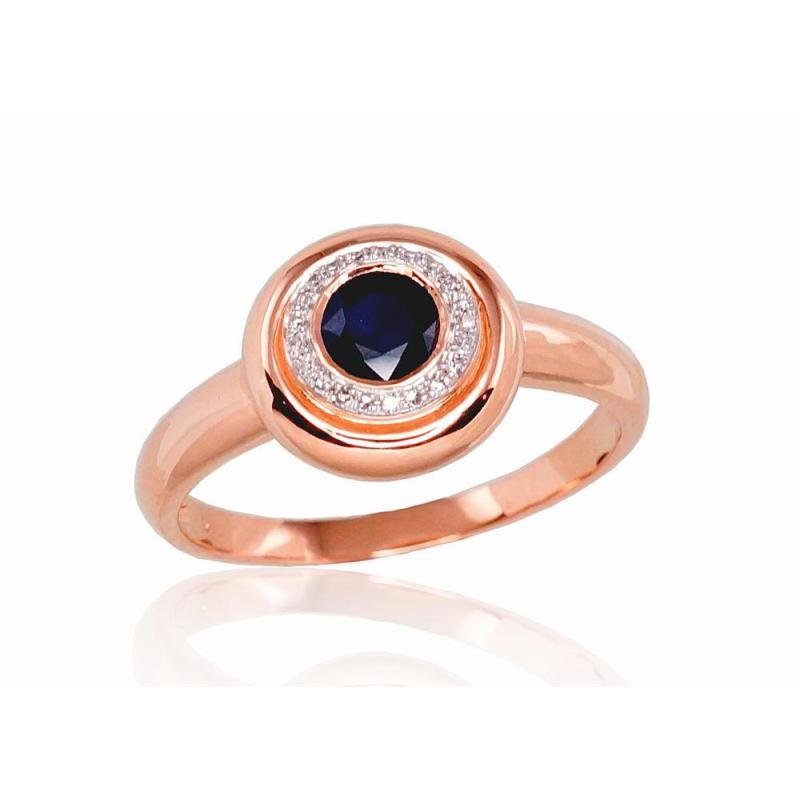 Gold ring, Red Gold 585°, Rhodium (Plating), Diamonds, Sapphire