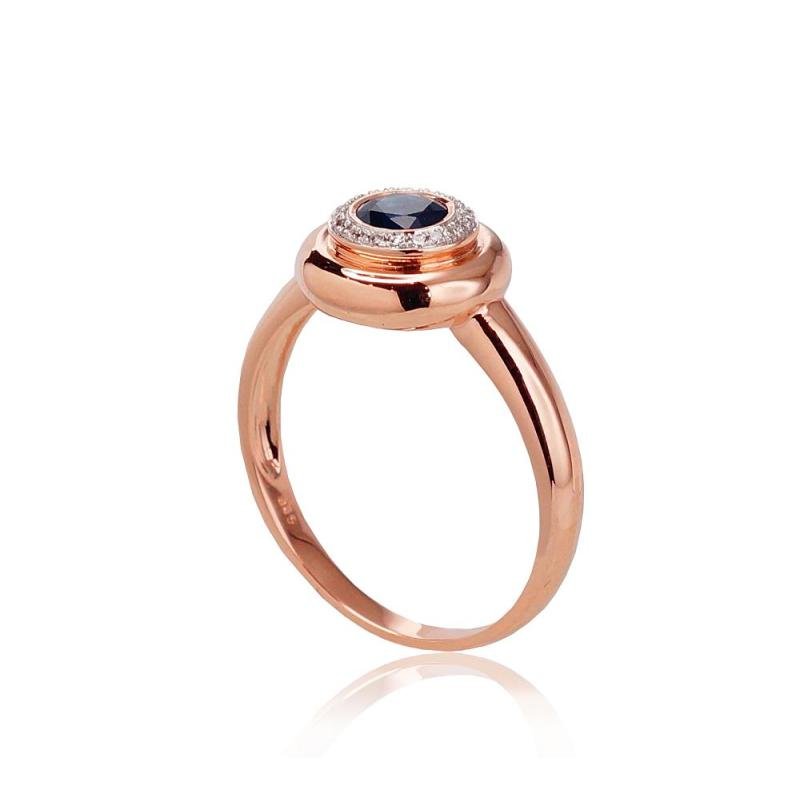 Gold ring, Red Gold 585°, Rhodium (Plating), Diamonds, Sapphire