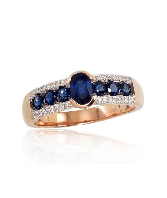 Gold ring, Red Gold 585°, Rhodium (Plating), Diamonds, Sapphire