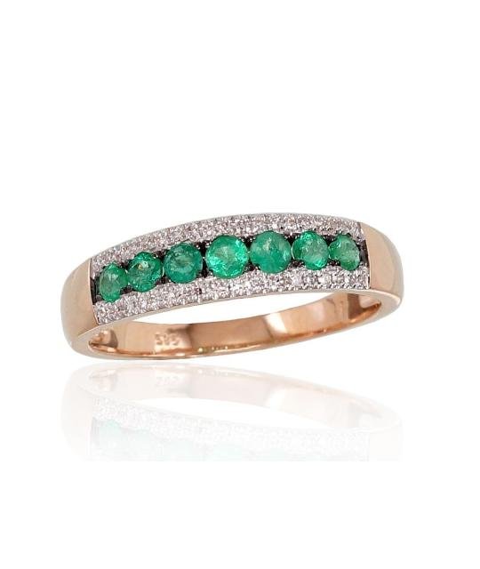 Gold ring, Red Gold 585°, Rhodium (Plating), Diamonds, Emerald