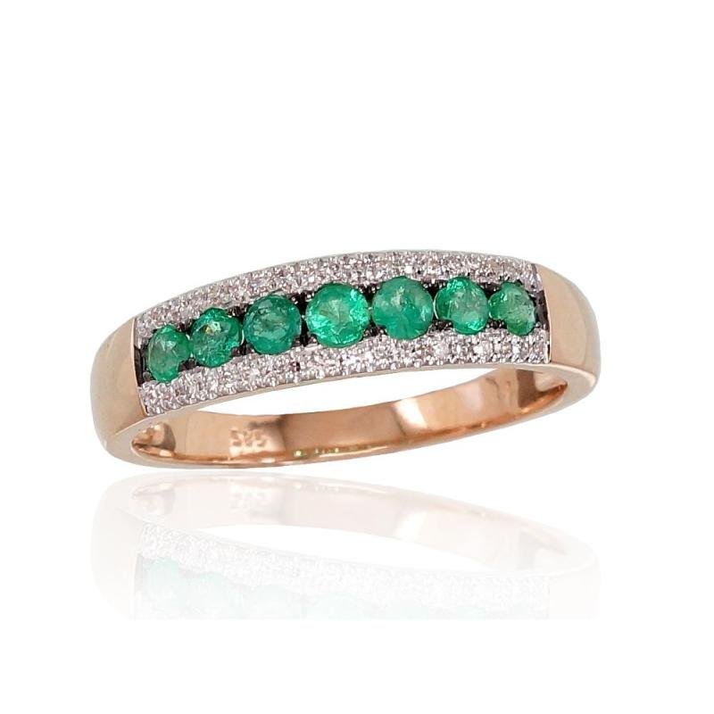 Gold ring, Red Gold 585°, Rhodium (Plating), Diamonds, Emerald