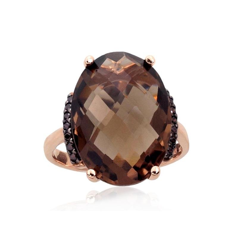 Gold ring, Red Gold 585°, Rhodium (Plating), Zirkons, Smoky Quarz
