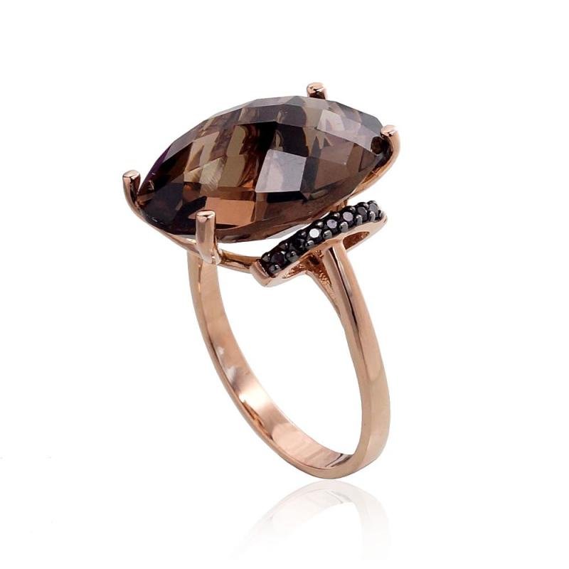 Gold ring, Red Gold 585°, Rhodium (Plating), Zirkons, Smoky Quarz