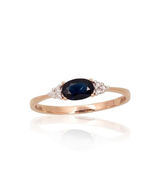 Gold ring, Red Gold 585°, Rhodium (Plating), Diamonds, Sapphire