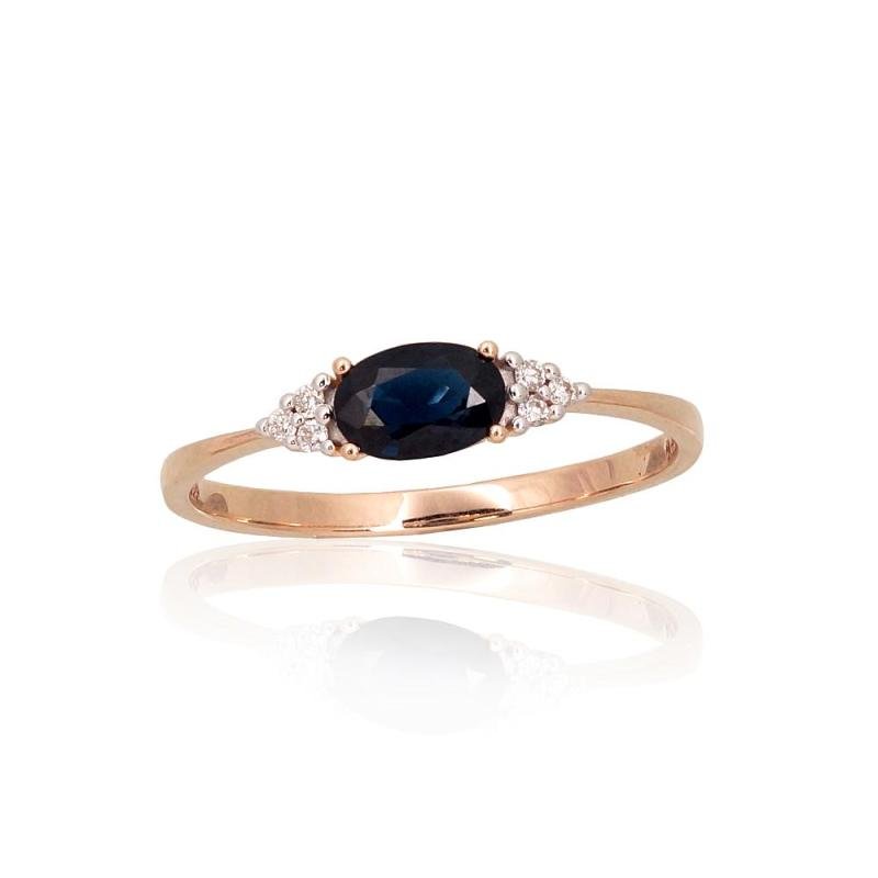 Gold ring, Red Gold 585°, Rhodium (Plating), Diamonds, Sapphire