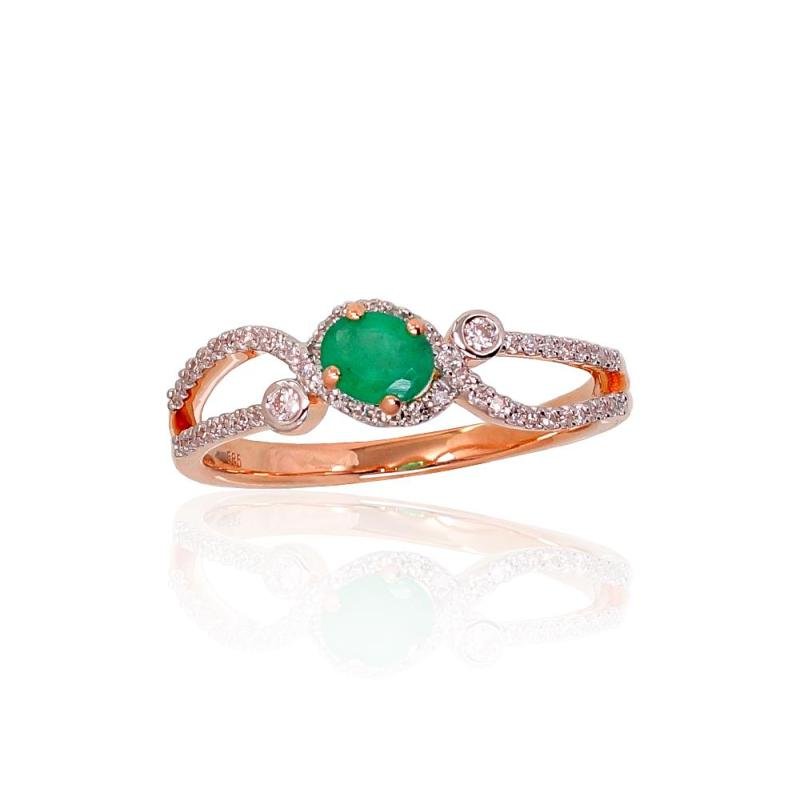 Gold ring, Red Gold 585°, Rhodium (Plating), Diamonds, Emerald