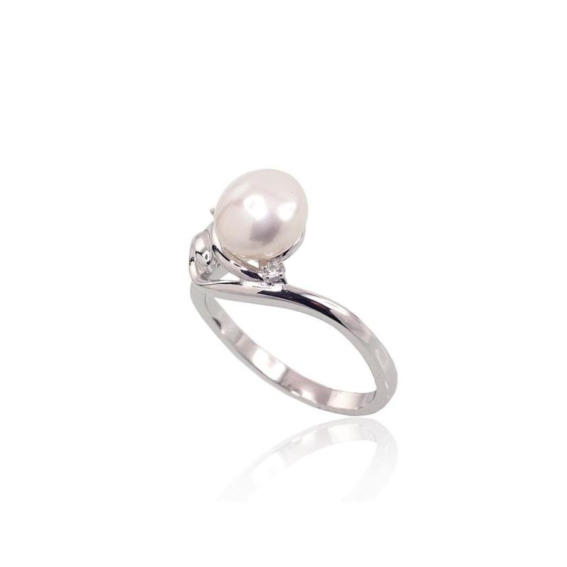 Silver ring, Silver 925°, Rhodium (Plating), Zirkons, Fresh-water Pearl