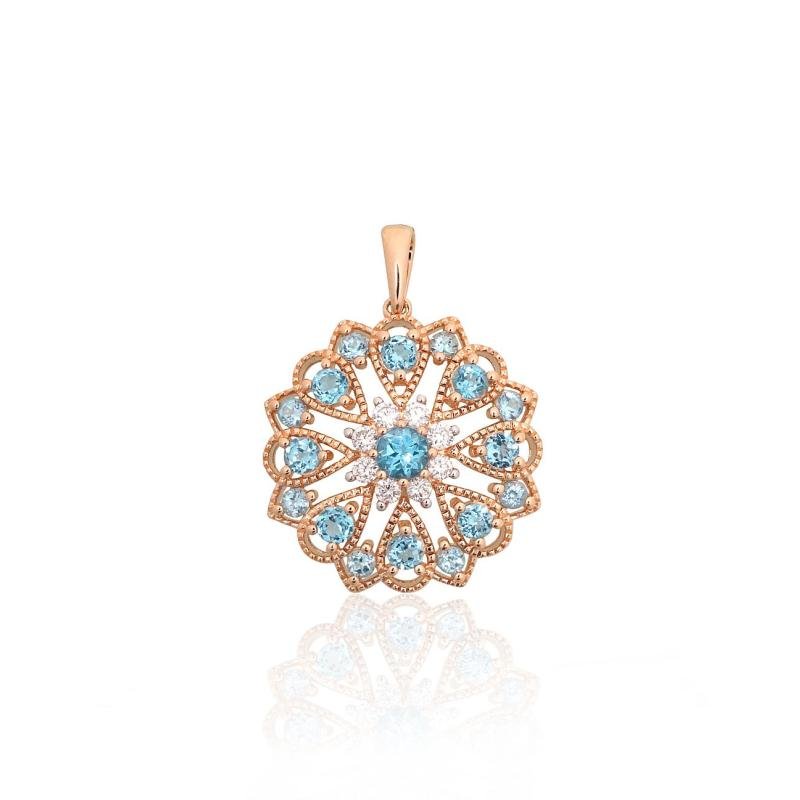 Gold pendant, Red Gold 585°, Rhodium (Plating), Diamonds, Blue Topaz