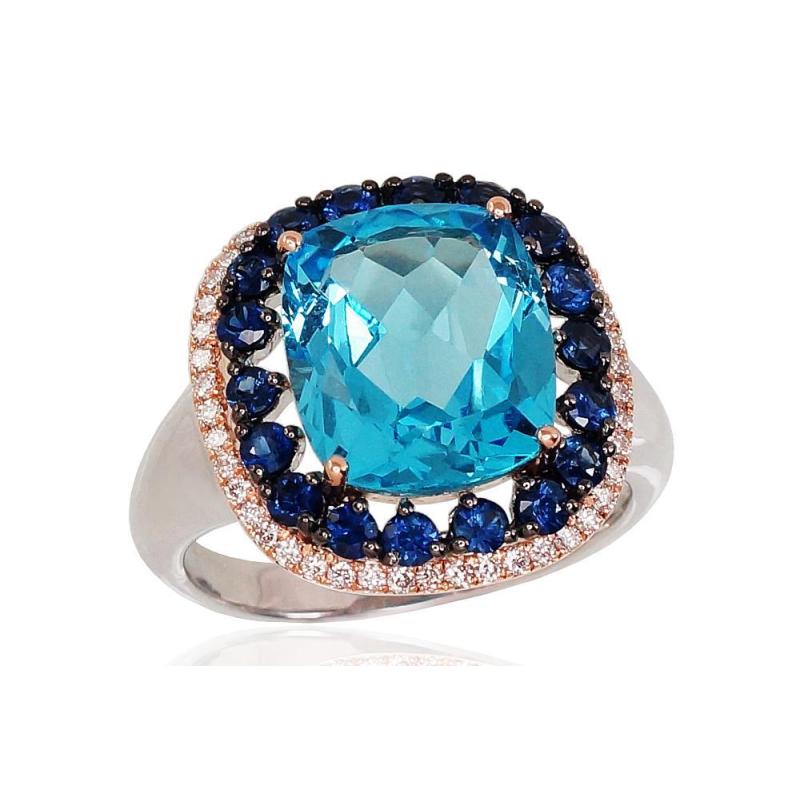 Gold ring, White/Red Gold 585°, Diamonds, Sapphire, Blue Topaz