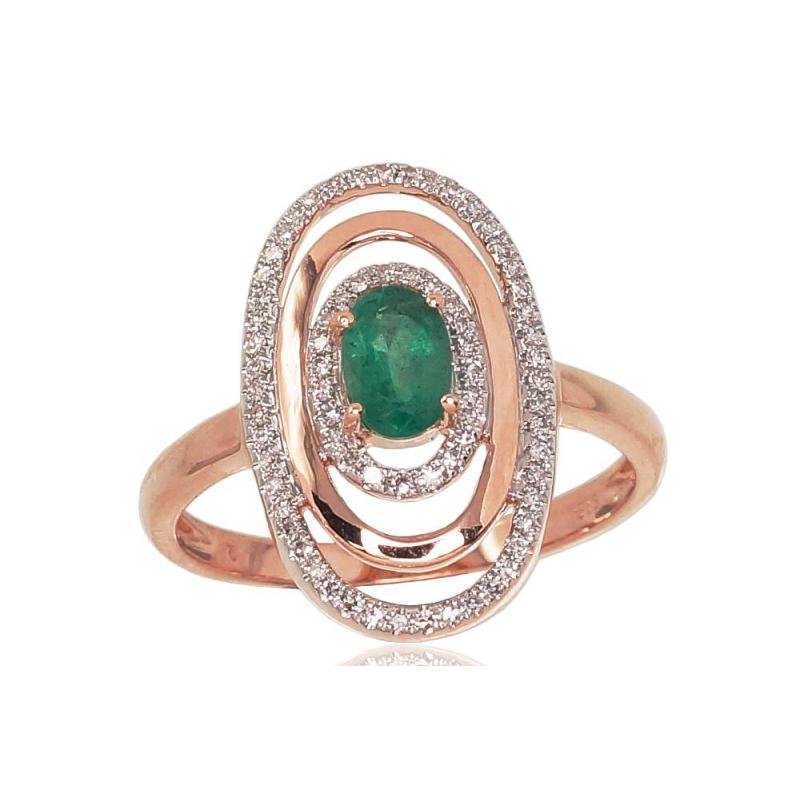 Gold ring, Red Gold 585°, Rhodium (Plating), Diamonds, Emerald
