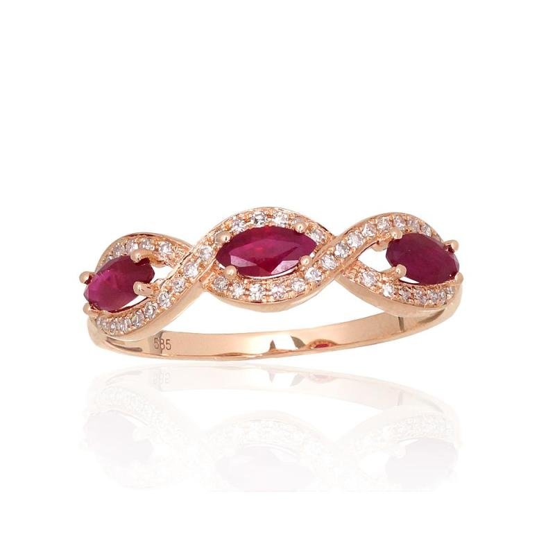 Gold ring, Red Gold 585°, Diamonds, Ruby