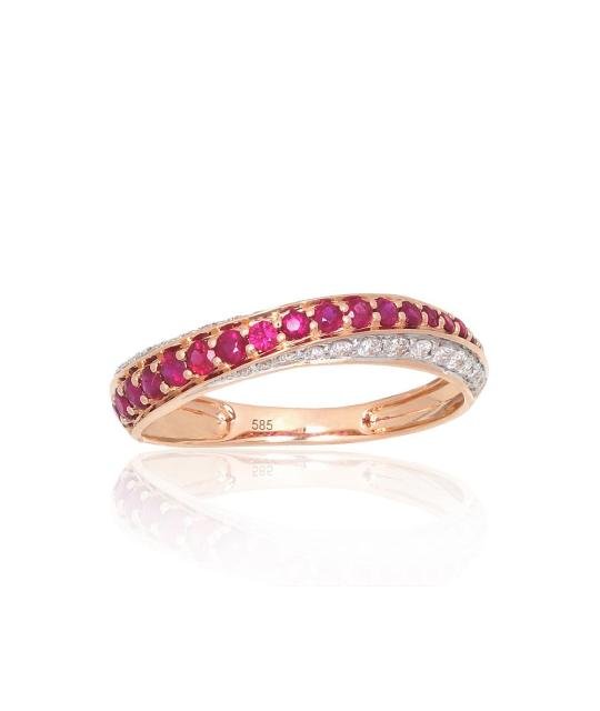 Gold ring, Red Gold 585°, Rhodium (Plating), Diamonds, Ruby