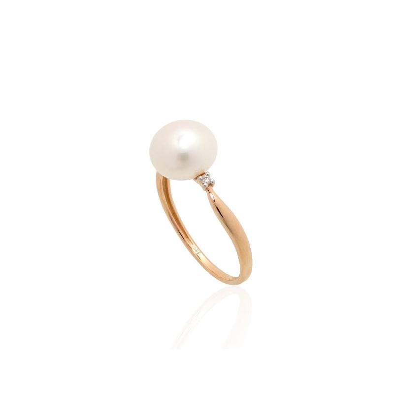 Gold ring, Red Gold 585°, Rhodium (Plating), Diamonds, Fresh-water Pearl