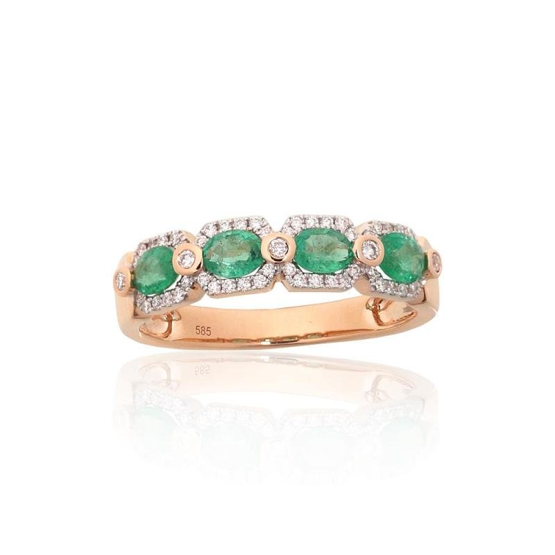 Gold ring, Red Gold 585°, Rhodium (Plating), Diamonds, Emerald