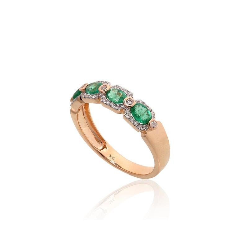 Gold ring, Red Gold 585°, Rhodium (Plating), Diamonds, Emerald
