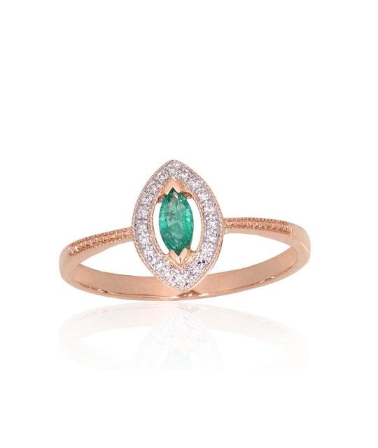 Gold ring, Red Gold 585°, Rhodium (Plating), Diamonds, Emerald