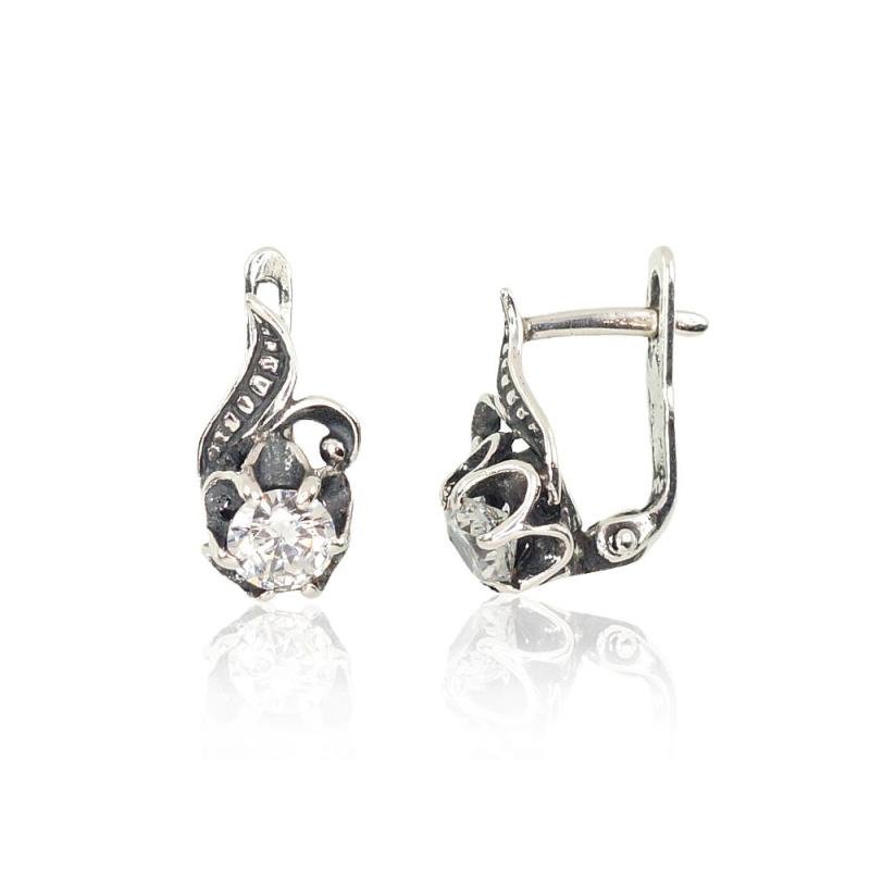 Silver earrings with 'english' lock, Silver 925°, oxide (Plating), Zirkons