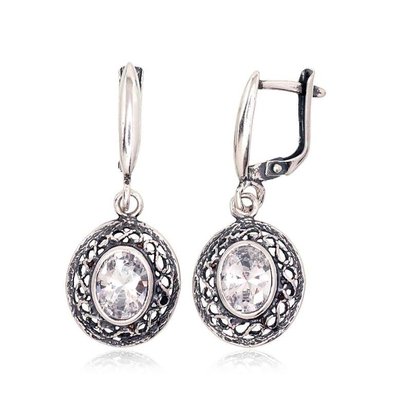 Silver earrings with 'english' lock, Silver 925°, oxide (Plating), Zirkons