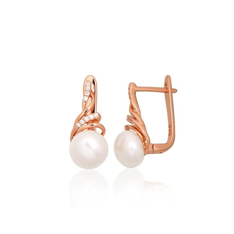 Silver earrings with 'english' lock, Silver 925°, red gold (Plating), Zirkons, Fresh-water Pearl