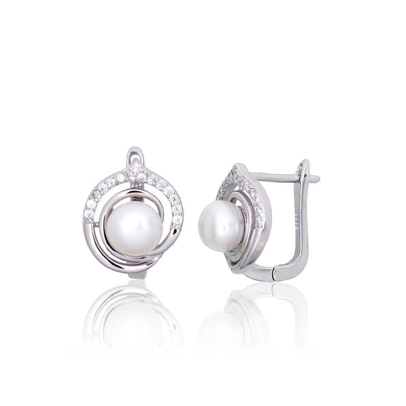 Silver earrings with 'english' lock, Silver 925°, Rhodium (Plating), Zirkons, Fresh-water Pearl