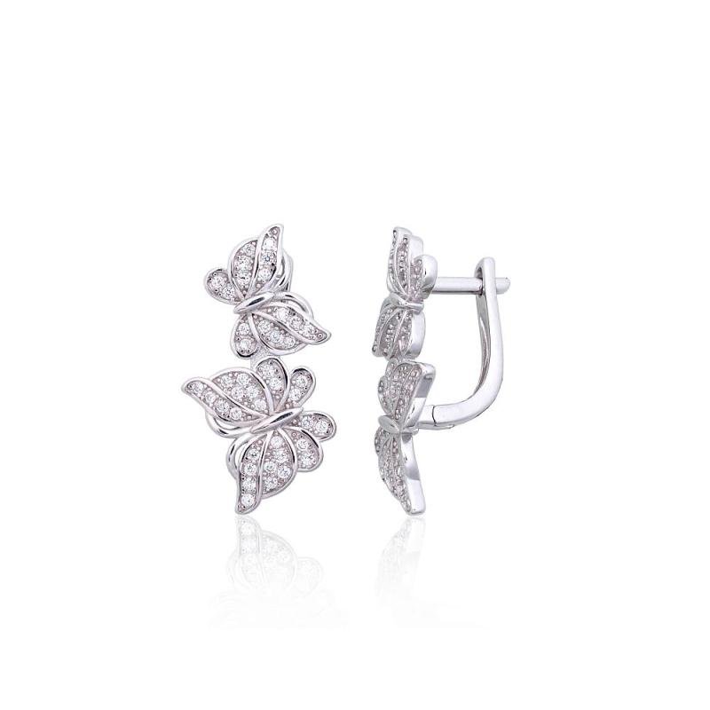 Silver earrings with 'english' lock, Silver 925°, Rhodium (Plating), Zirkons